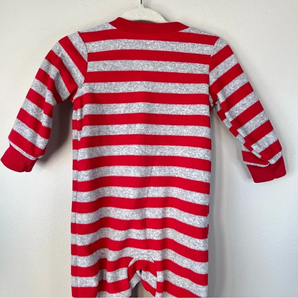 Carter's Baby 6M Red & Gray Striped Fleece Footie Cute Reindeer Feet Holiday
